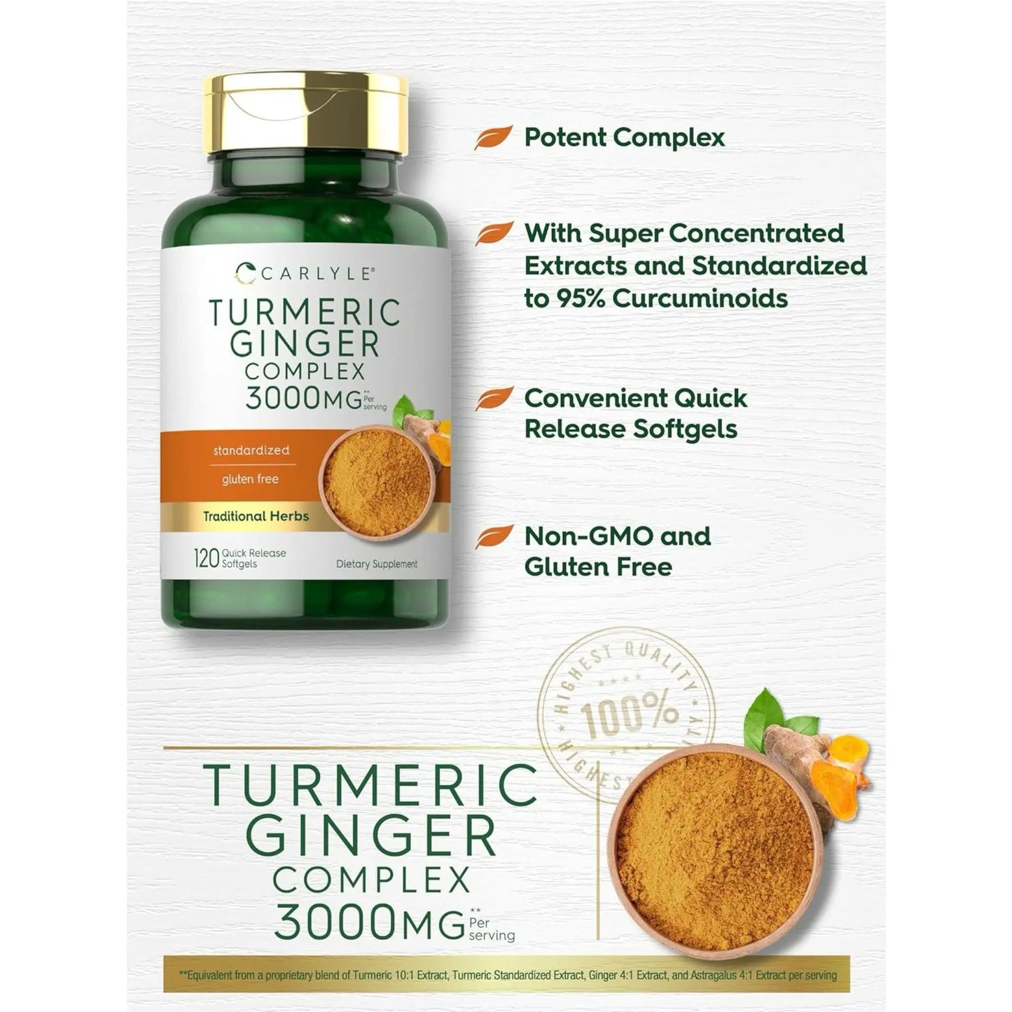 Suplemento Cúrcuma + jengibre + pimienta negra Carlyle 3000 mg