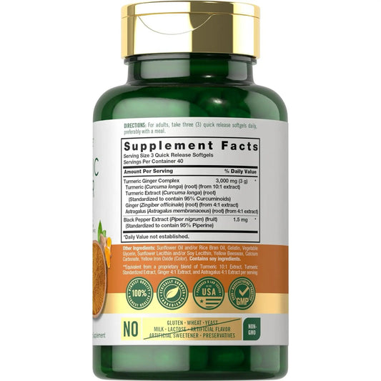 Suplemento Cúrcuma + jengibre + pimienta negra Carlyle 3000 mg